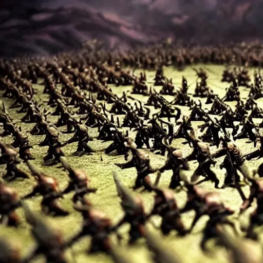 Image similar to photo taken of an epic battlefield diorama designed by weta workshops, an army of high elves battling a horde of orcs, with highly detailed 3 d printed characters, wide shot, photorealistic, sharp focus, f 0. 4, golden ratio, golden hour