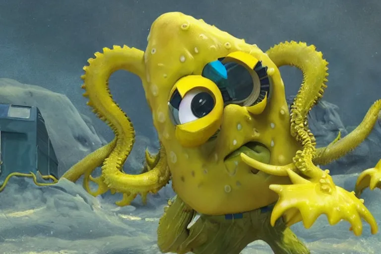 Image similar to Spongebob Cthulhu chimera, photorealistic still from Alien Planet(2005), artstation