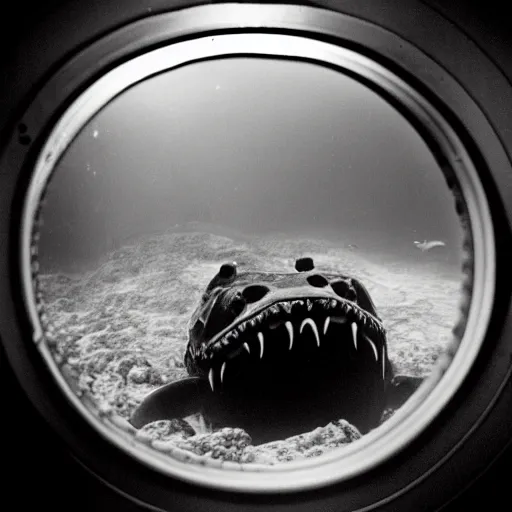 Prompt: an old black and white photo of a nightmarish sea monster seen through the porthole of a submarine, underwater, creepy, scary, dark,