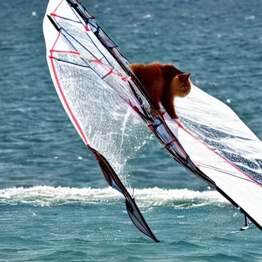 Prompt: A ragdoll cat windsurfing, cool, impressive, skilled