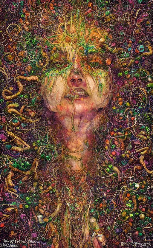 Image similar to beautiful psychedelic shaman covered in fungus peyote in the style of peter gric