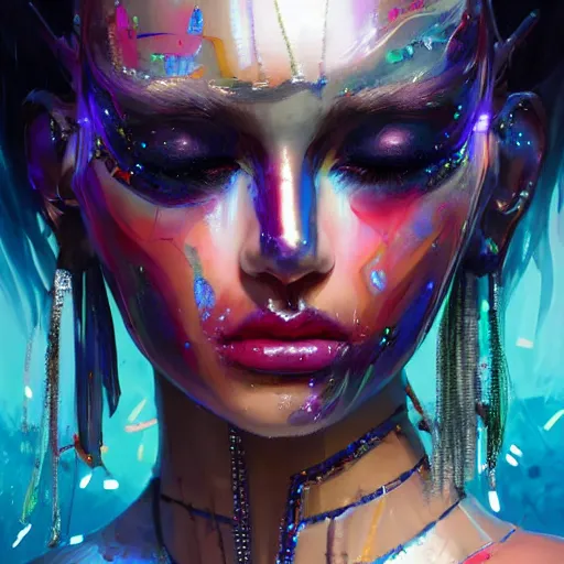 Prompt: A masterpiece portrait of a Incredibly beautiful half slightly damaged crying robot-synth girl Combat amazing makeup. tribal fashion. Cyberpunk. First sparkles. Vogue. trending on artstation, digital art, by Stanley Artgerm Lau, WLOP, Rossdraws, James Jean, Andrei Riabovitchev, Marc Simonetti, Yoshitaka Amano
