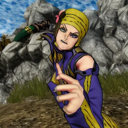 Prompt: JoJo from JoJo's bizarre adventure in Skyrim