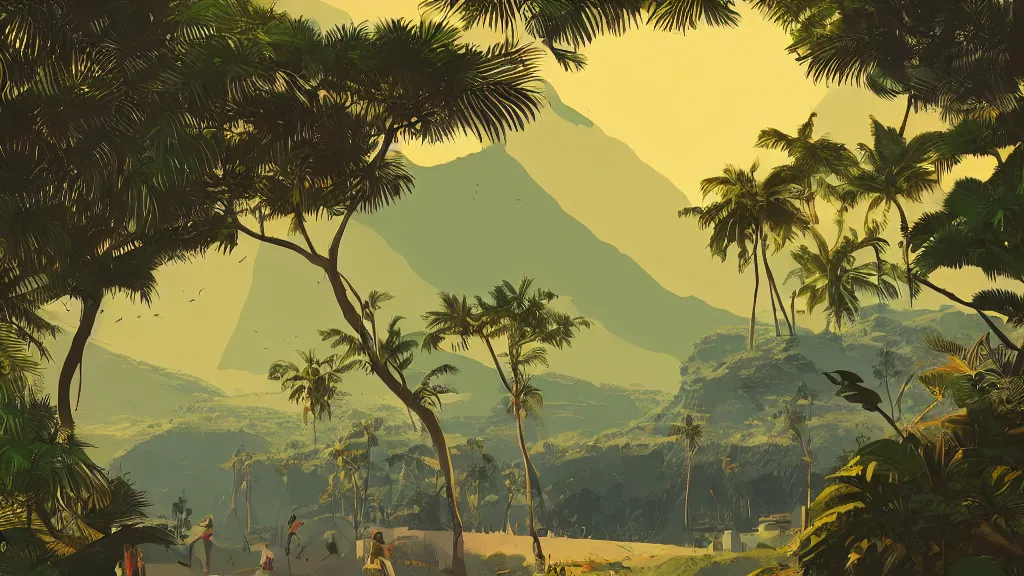 Image similar to Reunion Island landscape illustration by James Gilleard,trending on artstation