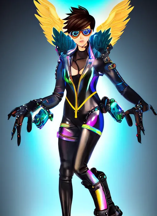 Image similar to portrait bust digital artwork of tracer overwatch, wearing iridescent rainbow latex and leather straps catsuit outfit, in style of mark arian, angel wings, dramatic painting, wearing detailed leather collar, chains, black leather harness, detailed face and eyes,