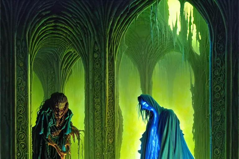 Image similar to the forgotten misery by michael whelan and roger dean and brom and hubert robert and greg staples and donato giancola, beautiful, flowing magical flesh robe, highly detailed, hyperrealistic, intricate, energy, electric, blue flame, low light, green crystal, high contrast, old and young, lifelike