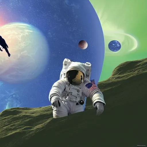 Prompt: an astronaut with a tame animal on a green planet overlooking another planet. there is no atmosphere by christensen, james c.