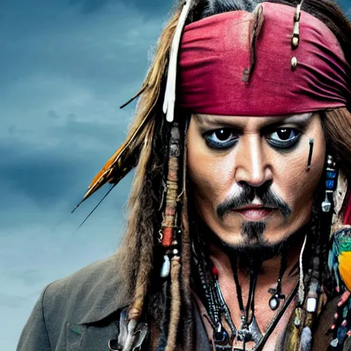 Prompt: johnny depp as jack sparrow with a parrot on the shoulder, realistic portrait, 8k resolution, hyper detailed, dramatic lighting, cinematic