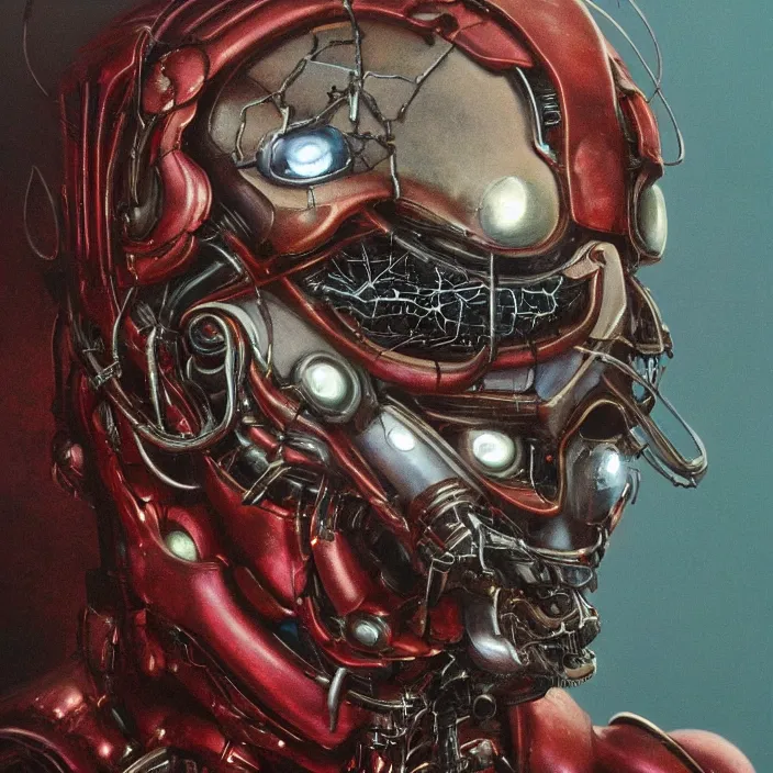 Image similar to in the art style of h. r. giger a portrait of a ruby ultron from age of ultron, clockwork steampunk, head and chest only, by beksinski, 4 k, deviantart, trending on artstation