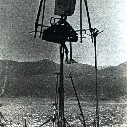 Prompt: old polaroid depicting a martian tripod walker from war of the worlds, at a clearing, in the distance