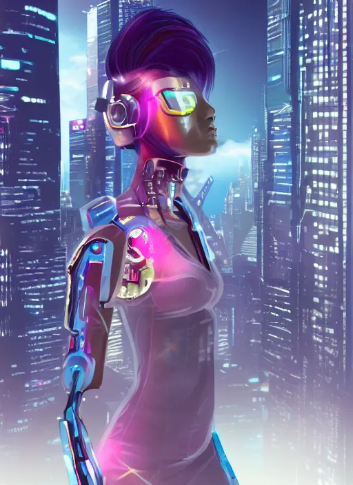Prompt: a vaporware style style cyborg girl in a futuristic city