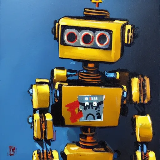 Prompt: oil painting of a robot with decals by ashley wood