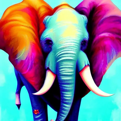 Prompt: colorful and festive elephant with pink hair,. rich vivid colors, ambient lighting, dynamic lighting, 4 k, atmospheric lighting, painted, intricate, highly detailed by charlie bowater