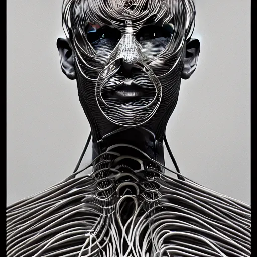 Prompt: surreal portrait of a man made of wires serene, intense very very highly detailed intricate trending on artstation