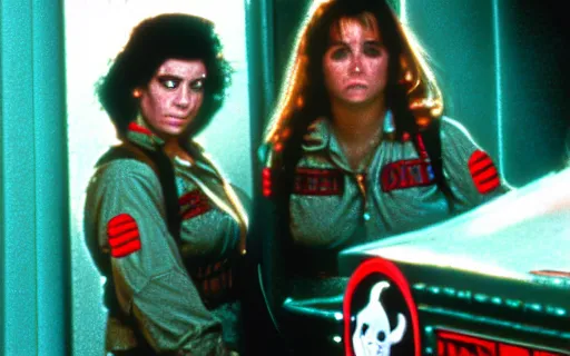Image similar to full - color cinematic movie still from the 1 9 8 4 film ghostbusters starring young jennifer connelly and alyssa milano and lea thompson as ghostbusters. detailed facial - features ; supernatural ; action ; comedy.