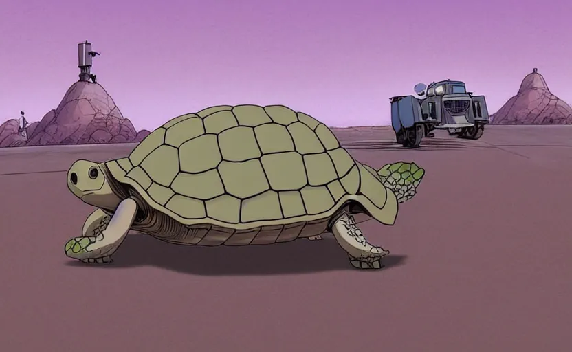 Image similar to a study of cell shaded cartoon of a grey mechanized turtle from howl's moving castle ( 2 0 0 4 ) on a desert road, full body, wide shot, muted colors, post grunge, studio ghibli, laurie greasley, highly detailed, deviantart, art by artgem