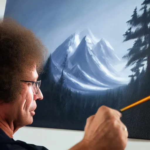 Image similar to a closeup photorealistic photograph of bob ross working on a canvas painting of darth vader. film still. brightly lit scene. mountains and trees. this 4 k hd image is trending on artstation, featured on behance, well - rendered, extra crisp, features intricate detail, epic composition and the style of unreal engine.