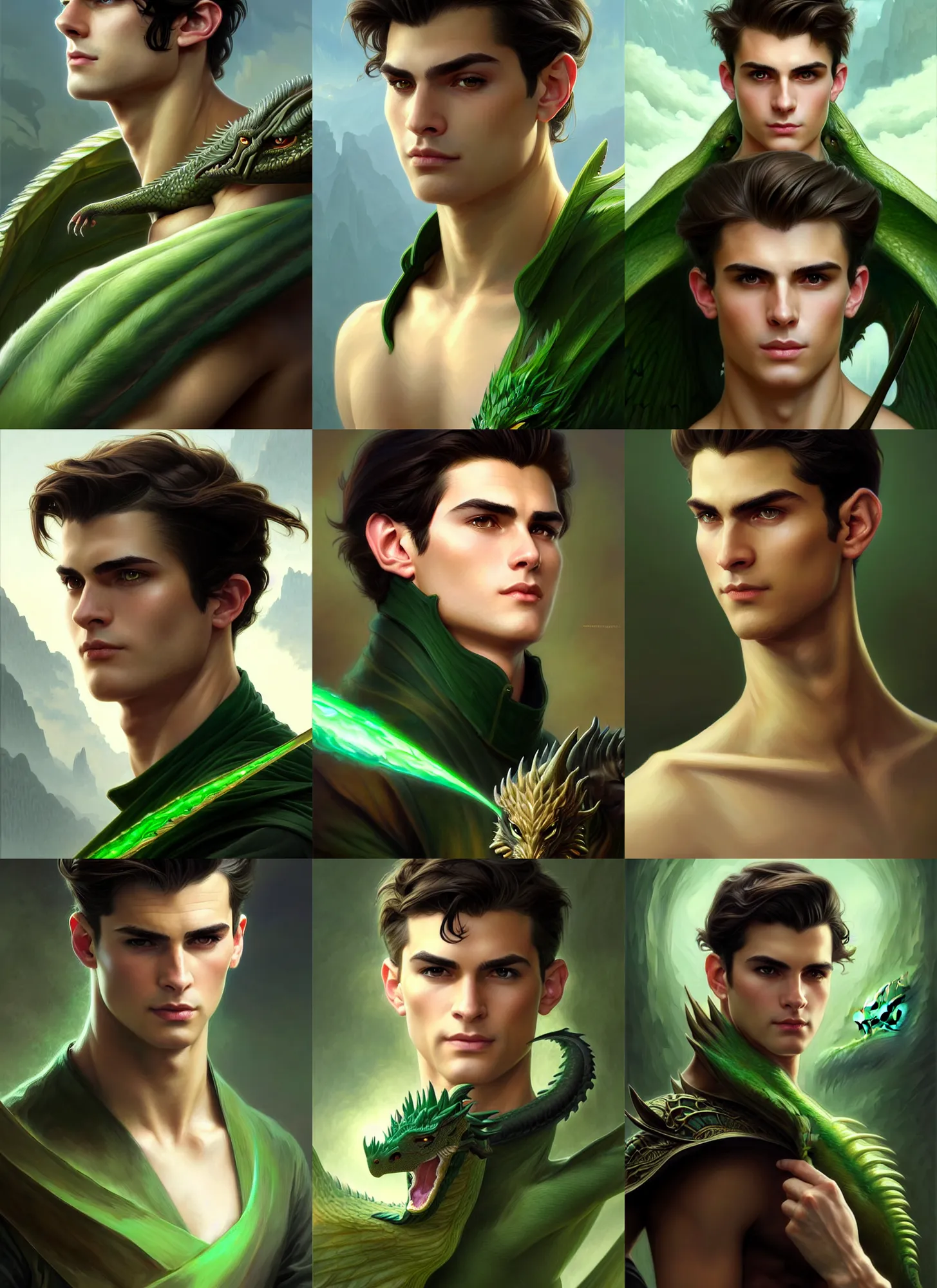 Prompt: a determined handsome clean shaven young man with swept back dark brown hair and green eyes, preparing for a dangerous battle with a fierce dragon, fantasy, intricate, elegant, highly detailed, digital painting, artstation, concept art, smooth, sharp focus, illustration, art by artgerm and greg rutkowski and alphonse mucha