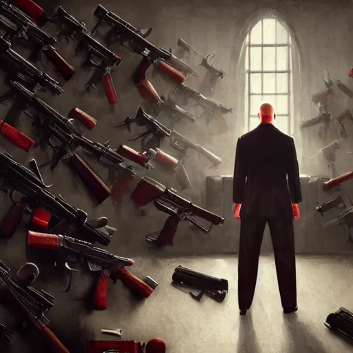 Image similar to a portrait of agent 4 7 from hitman sitting in front of a wall of guns, realistic illustration, dark background, red rim light, highly detailed, digital art, artstation, concept art, smooth, sharp focus, greg rutkowski, wlop