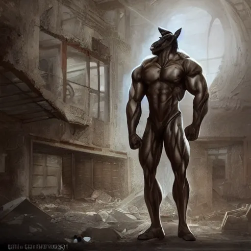 Prompt: a hyper - muscular anthropomorphized horse wearing a tactical bodysuit standing in the ruins of a facility, equine, bodybuilder physique, highly detailed, digital painting, artstation, sharp focus, concept art, illustration, art by artgerm, greg rutkowski, sakimichan