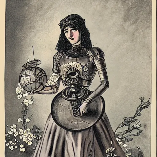 Prompt: a royal portrait of a cyborg woman. she holds a globe in one hand and flowers in the other. illustrated by burton rice. 1 9 1 2.