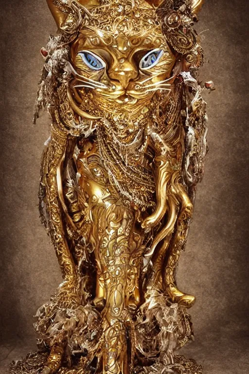 Prompt: a cinematic view of a ornated intricate cat goddess statue made by hedi xandt, realistic, macabre art, stained dried cracked skin, using gold ornaments detailed image
