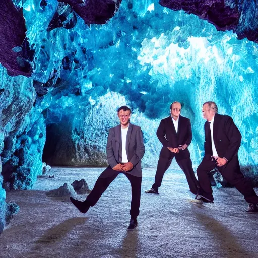 Image similar to rich businessmen inside the cave, blue crystals