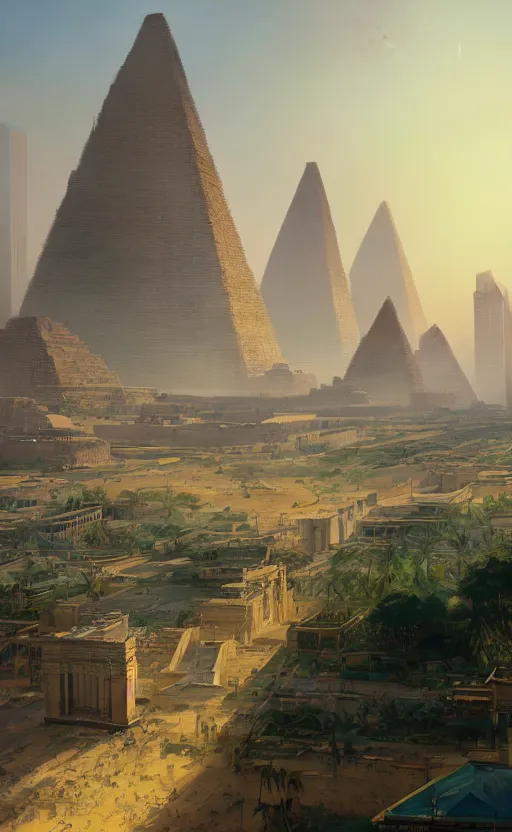 Image similar to Prosperous verdant high tech city in ancient Egypt, masterpiece digital painting by Greg Rutkowski, Alex Grey, artstation, 4k wallpaper