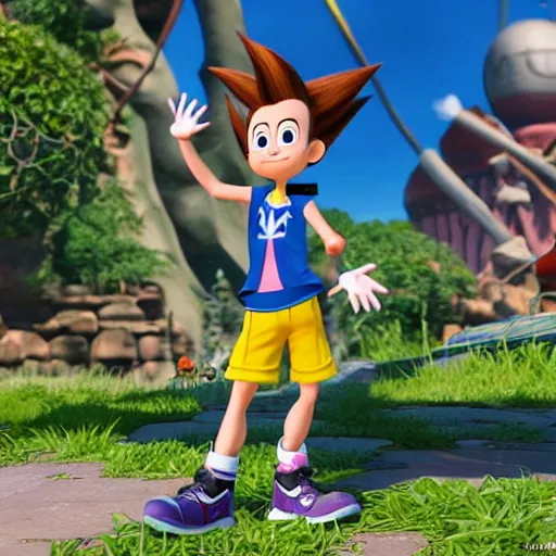 Image similar to Jimmy Neutron from Nickelodeon as an NPC character in the video game Kingdom Hearts, Jimmy neutron Boy Genius, Sora is in the camera, Crossover with Nick and Square Enix, UHD 4k, RTX On, Arnold Render, Unreal Engine 4, Award winning visuals, Godrays, beautiful detailed intricate insanely detailed octane render, Playstation 5 graphics