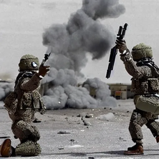 Prompt: muppet puppet gonzo special forces trying to diffuse an ied. action movie scene photograph.