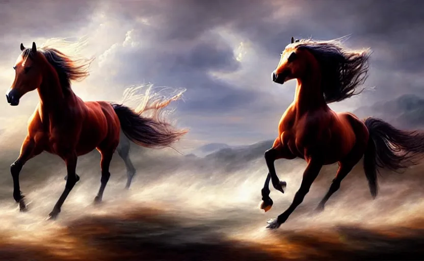 Image similar to a masterpiece oil painting of a proud horse galloping. wide angle, fantasy art, heroic lighting, very very very beautiful raytraced rendering, fog, finger of god, amazing wallpaper