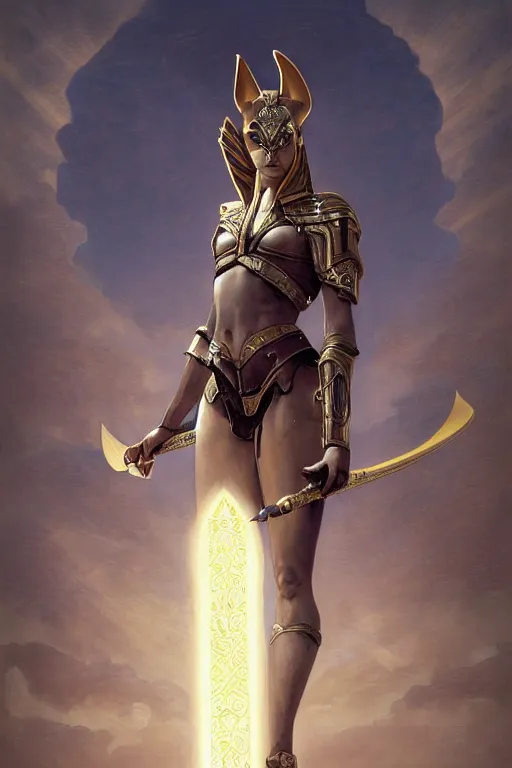 Prompt: full portrait of a beautiful female Anubis warrior, Mystical Valkyrie, Regal, Realistic, Refined, Detailed Digital Art, Oil Painting, Choosing the Slain, Eternal Fantasy Mythic battle, William-Adolphe Bouguereau, Art Frahm, Steampunk, Walt Disney (1937), WLOP, Rossdraws, frank frazetta, dynamic lighting, daily deviation, very very very very very beautiful, character illustration by Greg Rutkowski, Thomas Kinkade, trending on artstation, Highly Detailed, Cinematic Lighting, Unreal Engine, 8k, HD