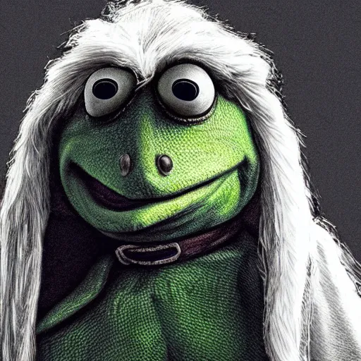 Image similar to hyperrealist highly detailed English medieval portrait of Kermit the Frog as Geralt of Rivia, concept art pascal blanche dramatic studio lighting 8k wide angle shallow depth of field