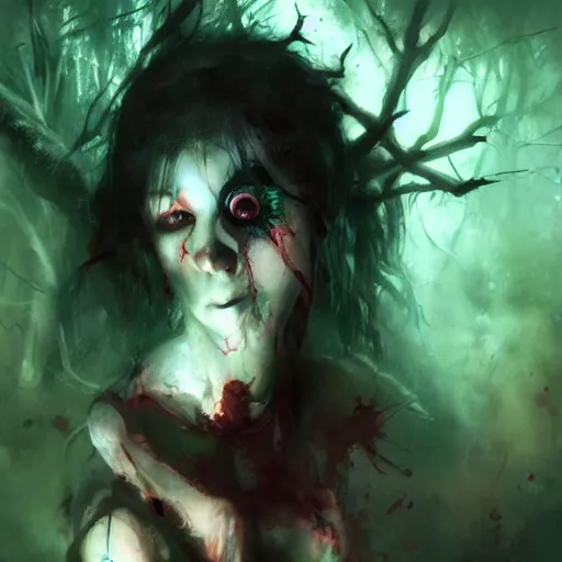 Prompt: ghoul girl painted by Raymond Swanland in dark forest