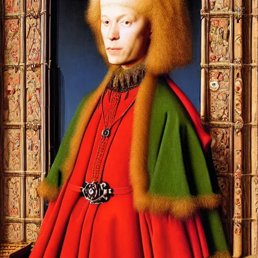 Image similar to the arnolfini portrait by jan van eyck, accurate, 8 k, extreme detail, highly ornate intricate details,