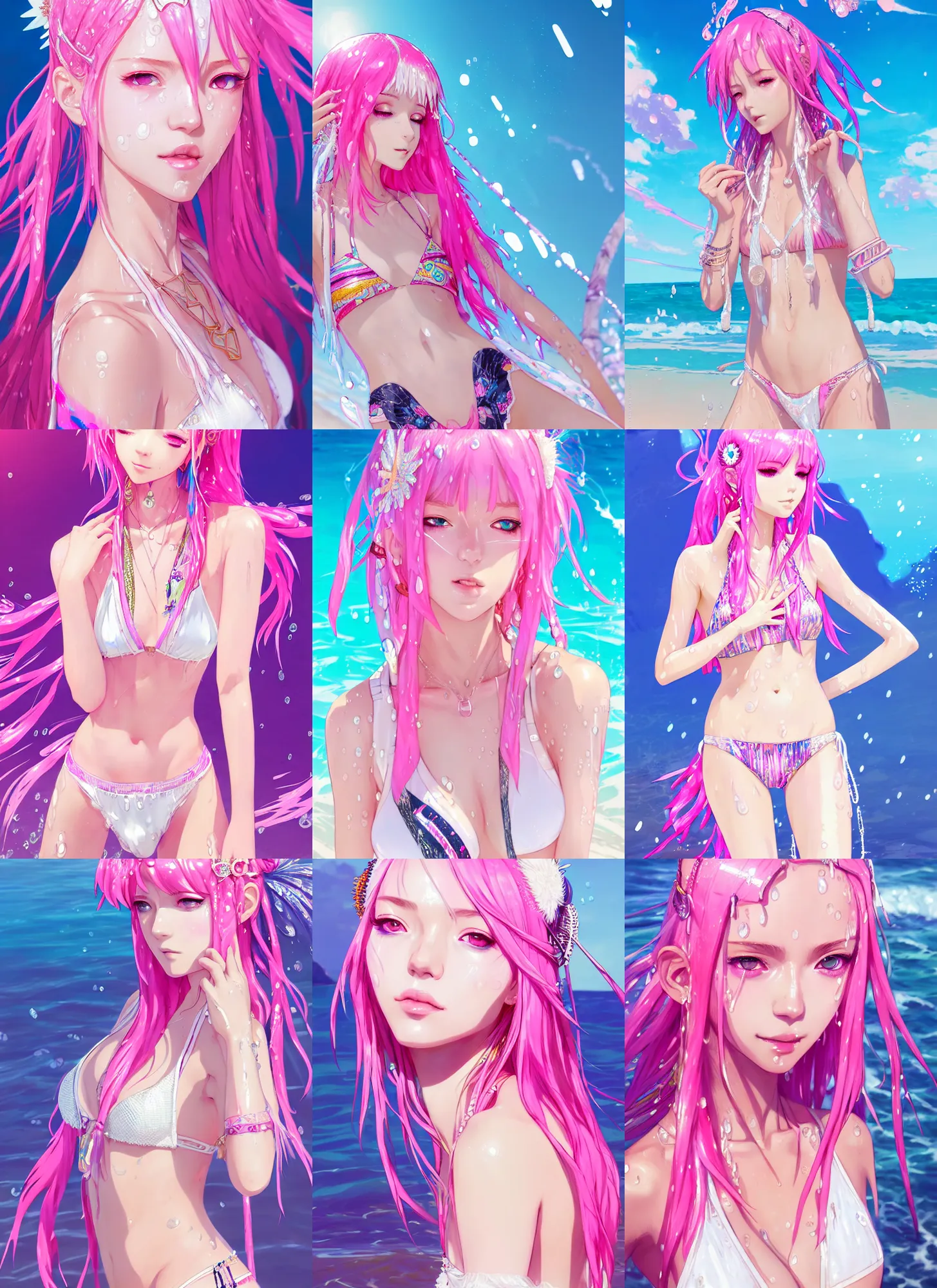Prompt: portrait of a beautiful wet girl with pink hair with boho accessories, in white reflective bikini at beach, symmetry face, top lighting, anime style, highly detailed, seraphine ahri kda, art by hidari and krenz and wenjun lin and starember and kuvshinov ilya and kidmo and rossdraws and artgerm