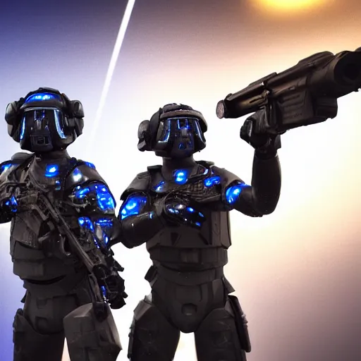 Prompt: Two soldiers with blue laser rifles wearing black power armour with blue sprites and full helmets with blue visors, night, rain, water drops on the lense, a complicated chrome-plated spaceship with blue lights in the background, realistic 4k octane beautifully detailed render, 4k post-processing, highly detailed, intricate complexity, epic composition, magical atmosphere, cinematic lighting, masterpiece, ultra hd