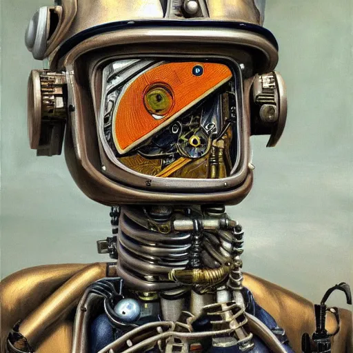 Prompt: high quality high detail painting by lucian freud, hd, portrait of scifi robot, steampunk