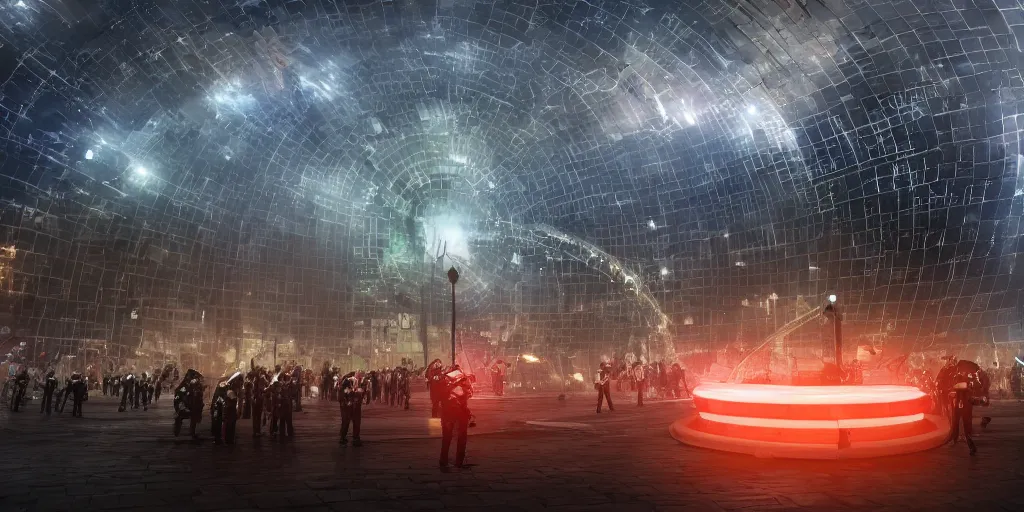 Image similar to policemen protecting a huge spiral - shaped bright luminous attractor right in the center of the city from protesting people,, rain and light fog, professional lighting, concept art in 3 d, high detail, professional lighting, 8 k, unreal engine