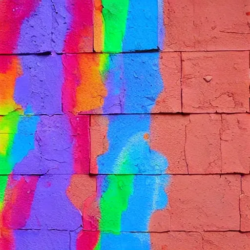 Prompt: a wall with splashed paint, colors of the rainbow, painted horribly, realistic, well detailed