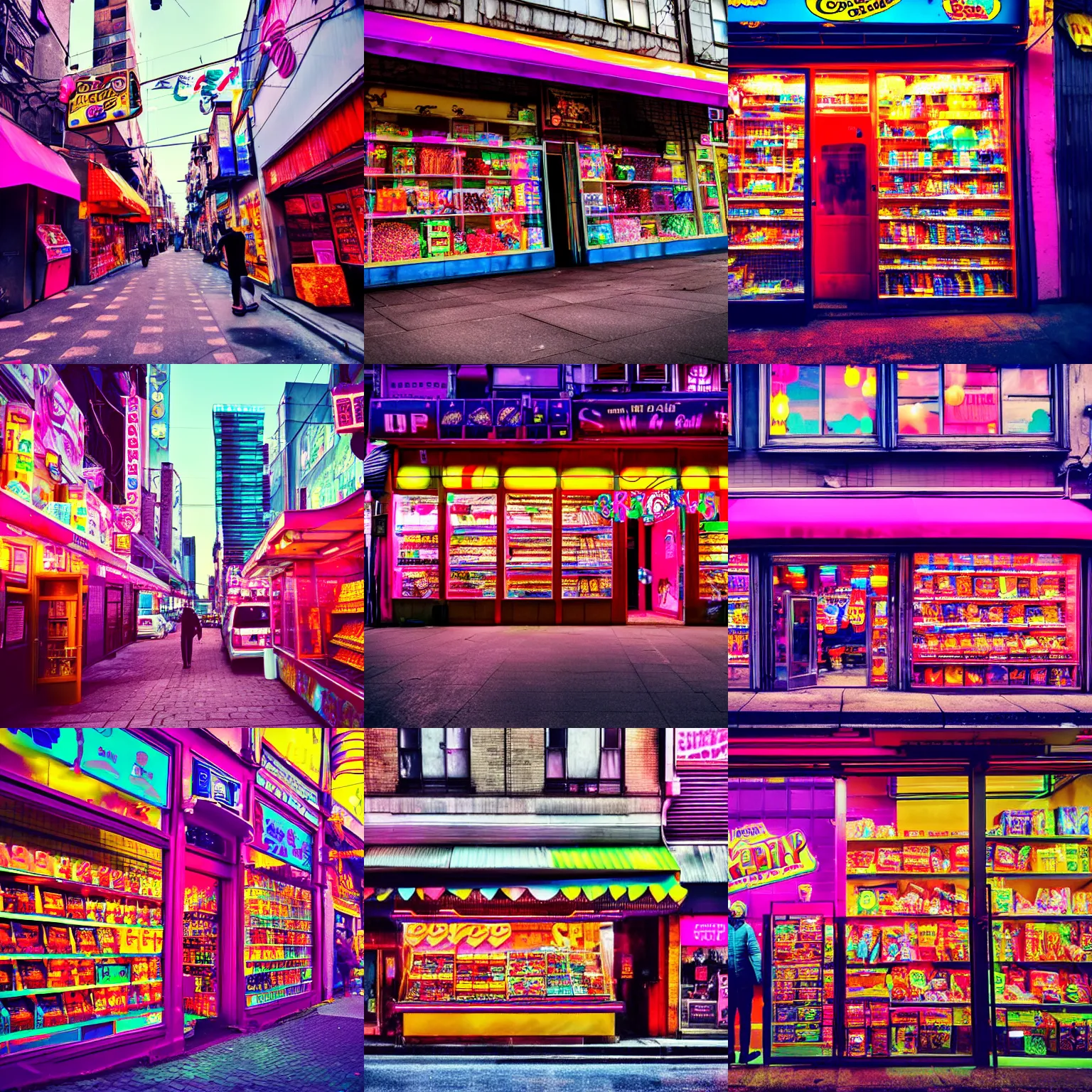Prompt: photo from the street, big candy shop in a cyberpunk city