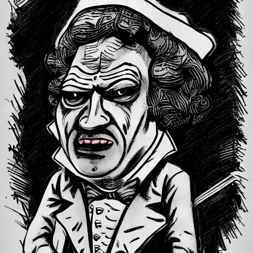 Image similar to a Pop Wonder scary horror themed goofy-hilarious-character Beethoven, dime-store-comic drawn with charcoal and pen and ink, half-tone-line-stacking