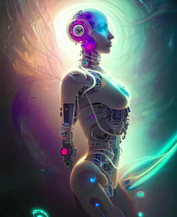 Image similar to a whirlwind of souls rushing inside the metaverse, hologram, half body, neurochip, shaved temple, piercing, jewelry, android, cyborg, cyberpunk face, by loish, d & d, fantasy, intricate, elegant, highly detailed, colorful, digital painting, artstation, concept art, art by artgerm and greg rutkowski and alphonse mucha