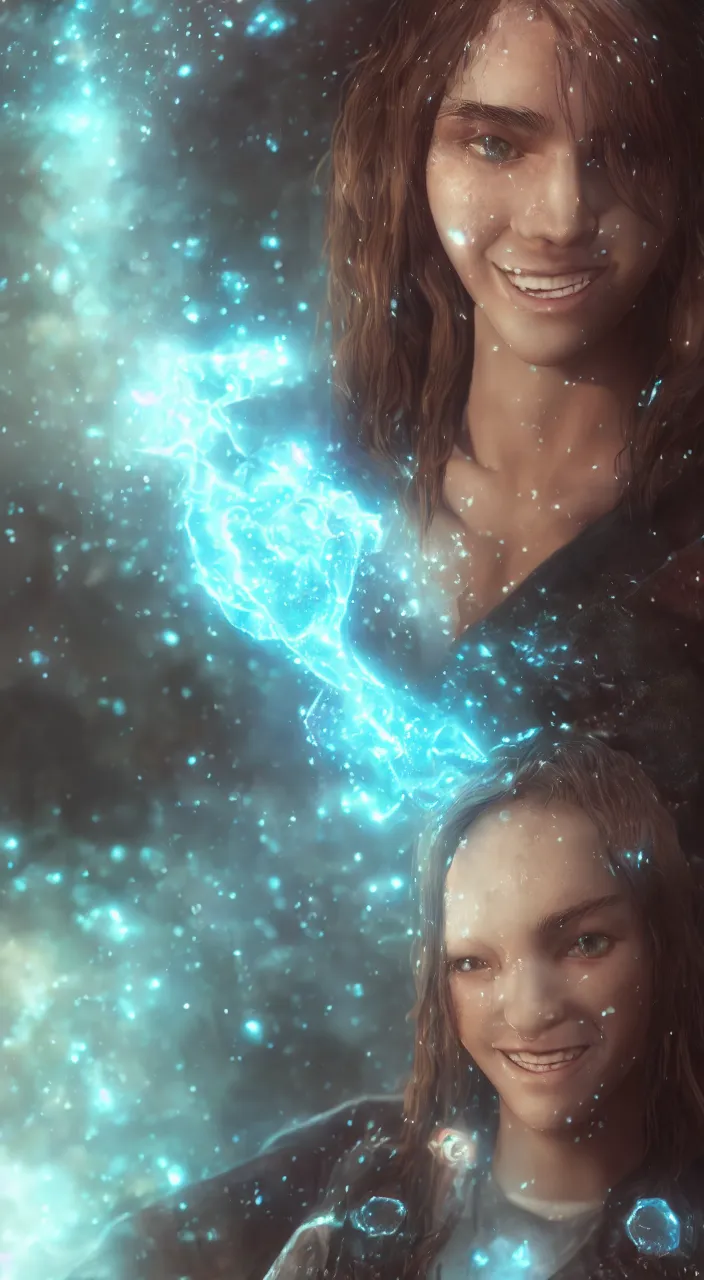 Image similar to Teenage female Mage, outdoors lighting, astral background, symmetrical face and body, confident, smile, detailed moisture, detailed droplets, detailed intricate hair strands, DSLR, ray tracing reflections, eye reflections, focused, unreal engine 5, vfx, post processing, post production, Arcane Style, 8k
