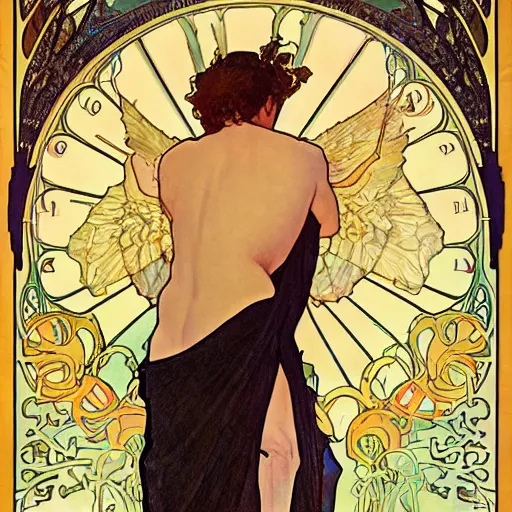 Image similar to ultra realistic illustration of fifteen year old winged boy angel, full body, male body, elegant study, art nouveau poster by alphonse mucha