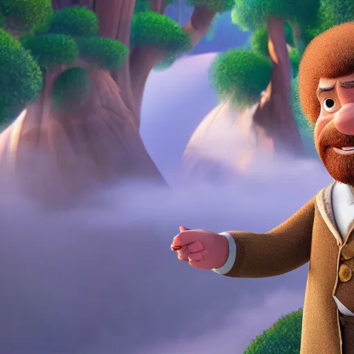 Image similar to bob ross as a disney character from up ( 2 0 0 9 ), octane render, 3 d render, photorealistic