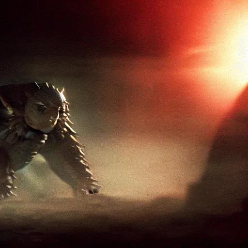 Image similar to low - resolution filmstill of a kaiju monster, fog, thriller, underdeveloped, flare, epic, dramatic