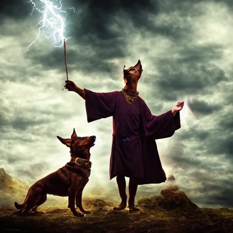 Prompt: dog wizard casting a magic spell, fantasy, majestic pose, dramatic lighting, cinematic scene