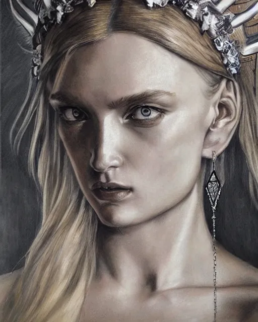 Image similar to realism tattoo sketch of lily donaldson as a beautiful greek goddess aphrodite with piercing eyes wearing a laurel wreath and triangle earrings, in the style of greg rutkowski, amazing detail