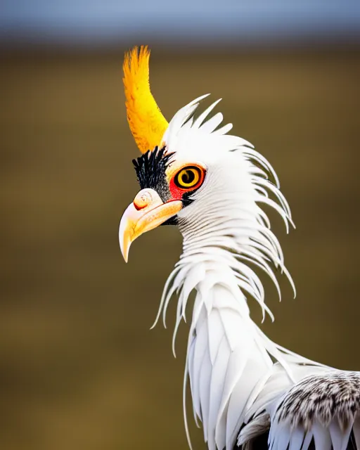 Prompt: closeup picture of secretary bird in savannah, captured on iphone, dlsr, photography